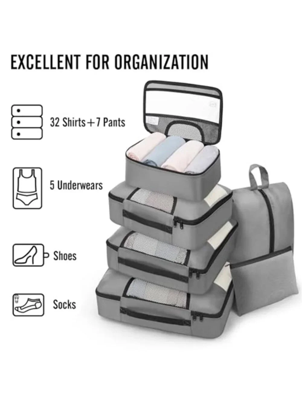 Packing Cubes 8 Piece Travel Suitcase Organizer Set Gray Luggage Storage Bags